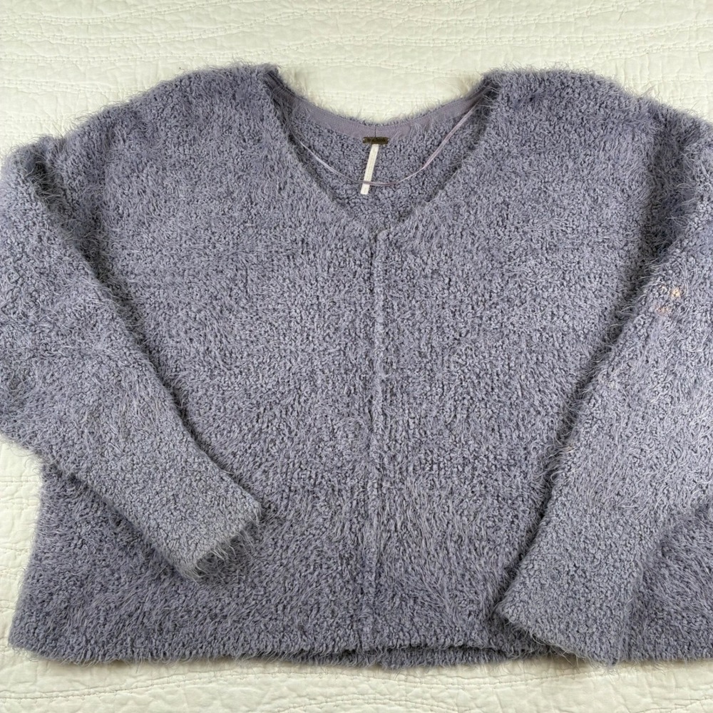 Free People Falling Star Icing V-Neck Fuzzy Sweater Lavender Oversized S **note